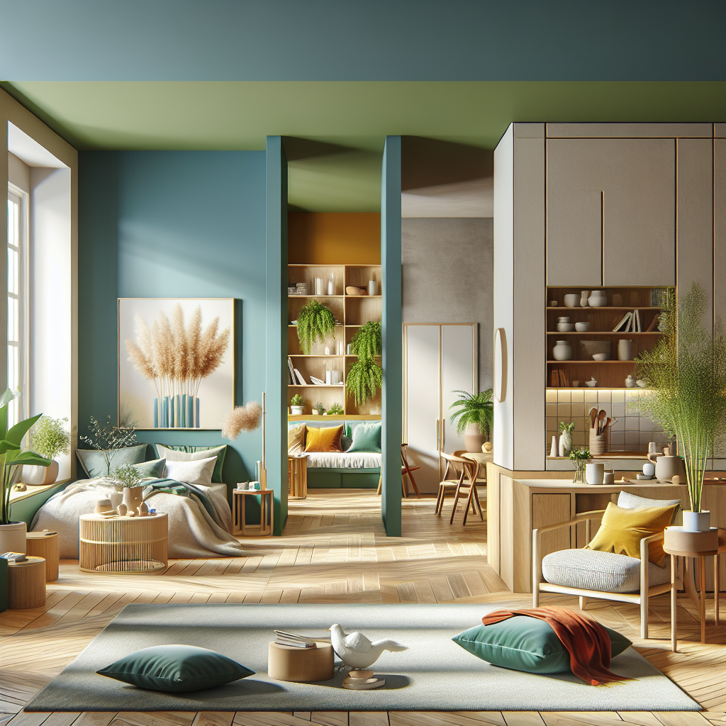 Hyperrealistic modern open-plan interior using color psychology with blue bedroom, green reading nook, yellow kitchen, and red dining area.