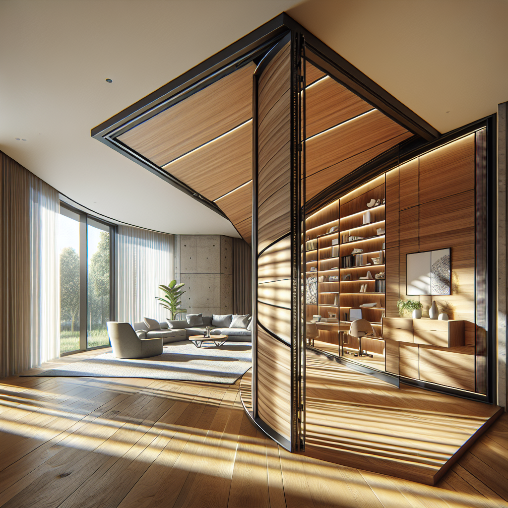 Hyperrealistic modern apartment interior with pivoting timber and glass wall dividing open-plan living room and private study nook.