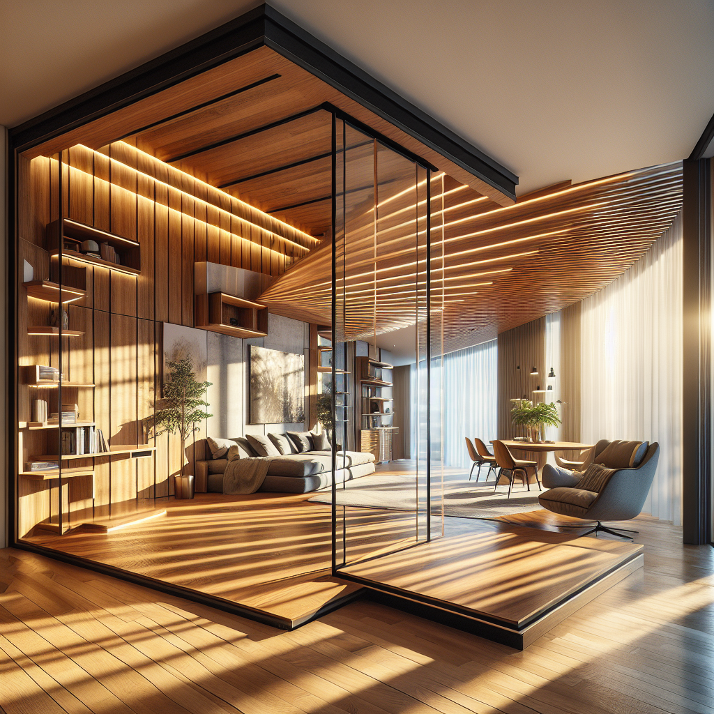 Hyperrealistic modern apartment interior with pivoting timber and glass wall dividing open-plan living room and private study nook.