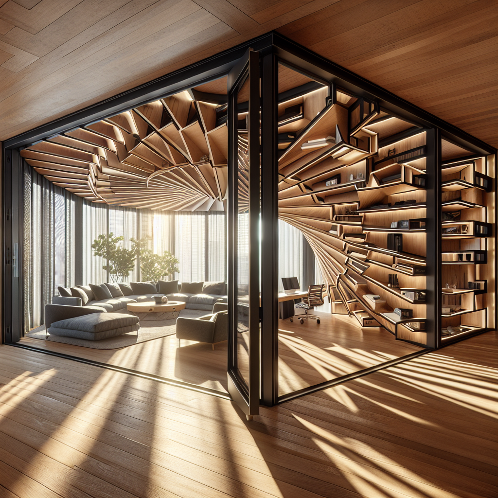 Hyperrealistic modern apartment interior with pivoting timber and glass wall dividing open-plan living room and private study nook.