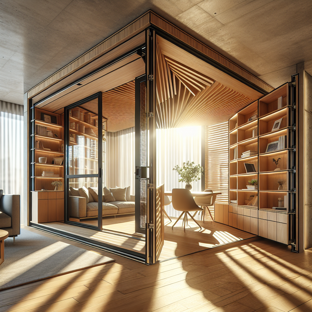 Hyperrealistic modern apartment interior with pivoting timber and glass wall dividing open-plan living room and private study nook.