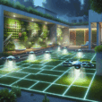 Futuristic smart garden at dusk with drones, LED lights, vertical gardens, pixelated flowerbeds, and modern villa courtyard design.