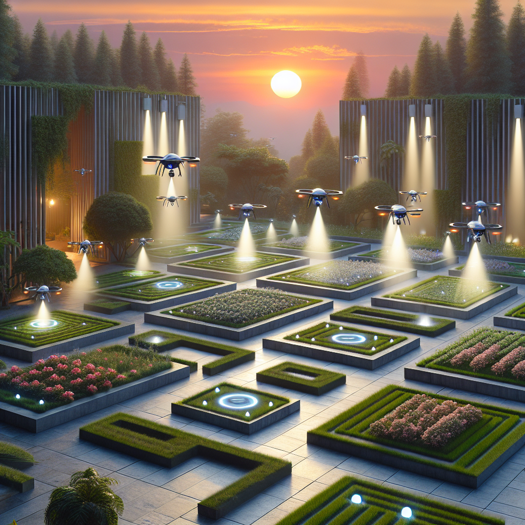 Futuristic smart garden at dusk with drones, LED lights, vertical gardens, pixelated flowerbeds, and modern villa courtyard design.