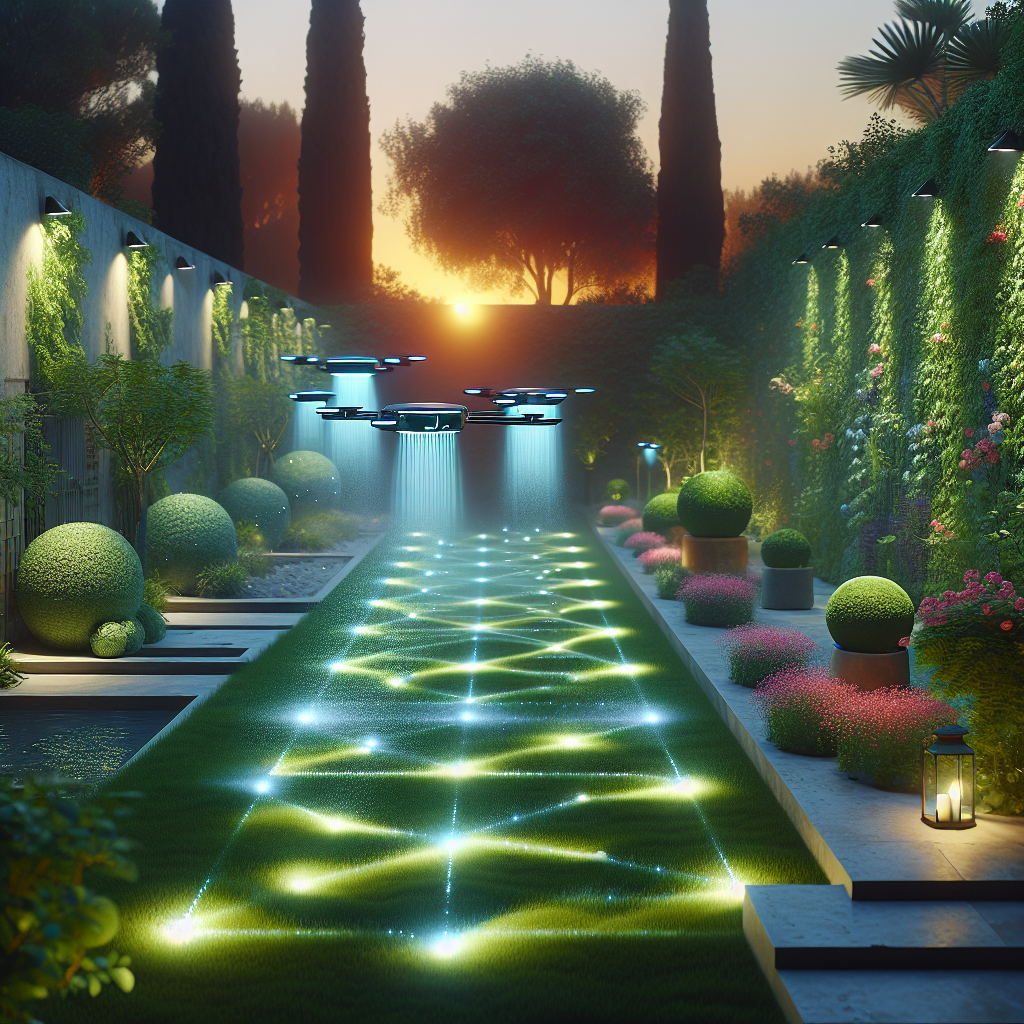 Futuristic smart garden at dusk with drones, LED lights, vertical gardens, pixelated flowerbeds, and modern villa courtyard design.