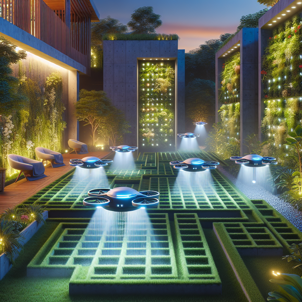 Futuristic smart garden at dusk with drones, LED lights, vertical gardens, pixelated flowerbeds, and modern villa courtyard design.