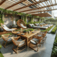 Luxurious modern outdoor terrace with eco‑friendly reclaimed teak table, bamboo chairs, recycled loungers, and lush vertical garden walls.