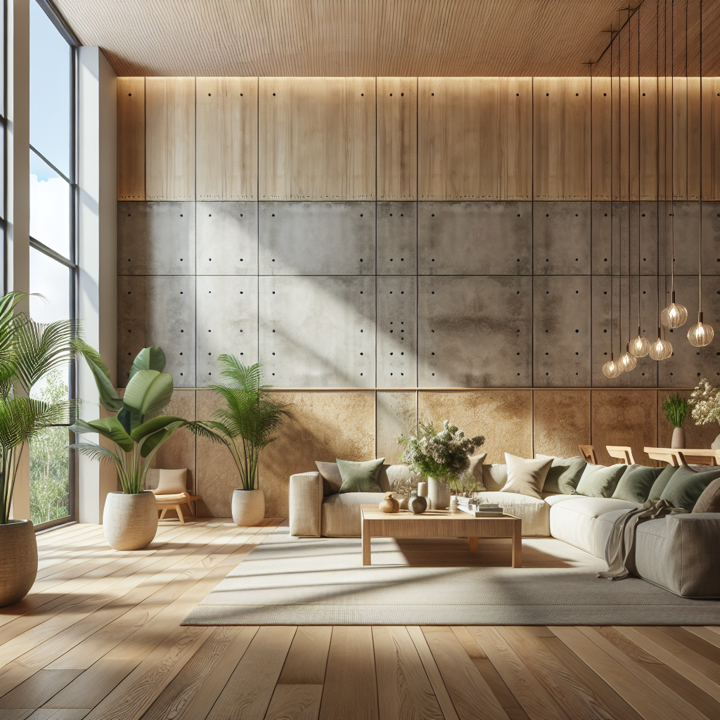 Modern eco-friendly living room with lime wash walls, clay paint, wooden surfaces, and indoor plants for sustainable luxury design.