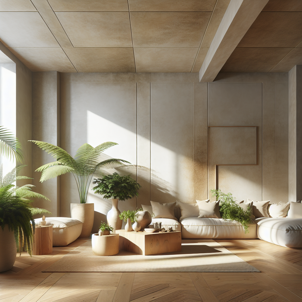 Modern eco-friendly living room with lime wash walls, clay paint, wooden surfaces, and indoor plants for sustainable luxury design.