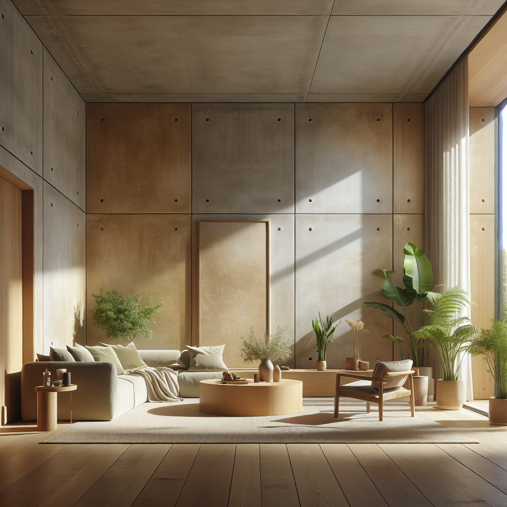 Modern eco-friendly living room with lime wash walls, clay paint, wooden surfaces, and indoor plants for sustainable luxury design.