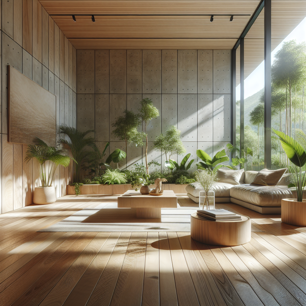 Modern eco-friendly living room with lime wash walls, clay paint, wooden surfaces, and indoor plants for sustainable luxury design.