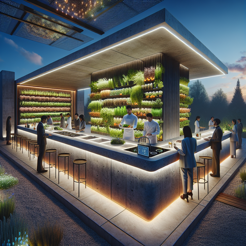 Futuristic outdoor kitchen pavilion with LED counters, glowing stone island, hydroponic walls, smart tech, and solar canopy at dusk.