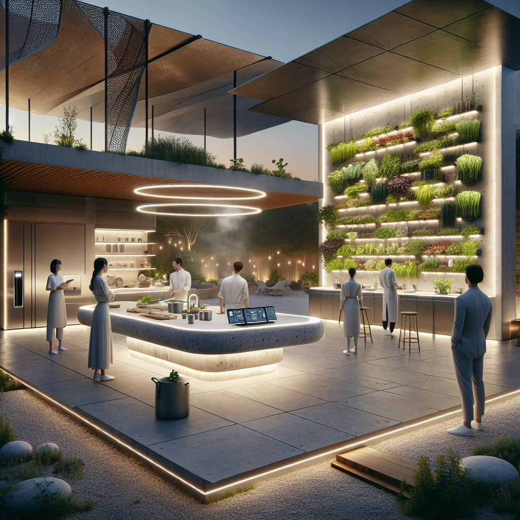 Futuristic outdoor kitchen pavilion with LED counters, glowing stone island, hydroponic walls, smart tech, and solar canopy at dusk.