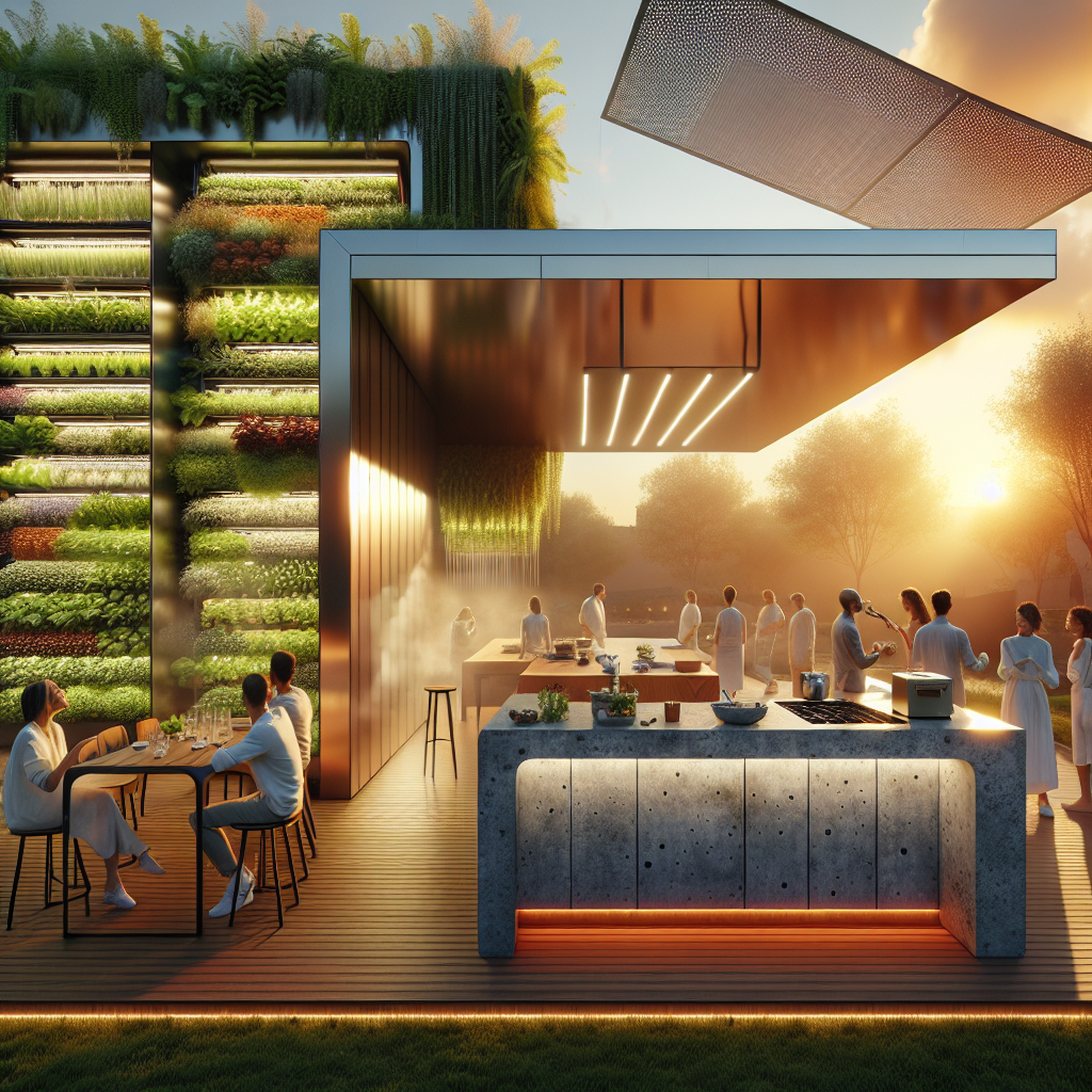 Futuristic outdoor kitchen pavilion with LED counters, glowing stone island, hydroponic walls, smart tech, and solar canopy at dusk.
