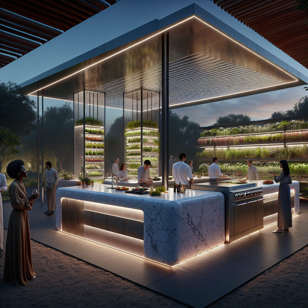 Futuristic outdoor kitchen pavilion with LED counters, glowing stone island, hydroponic walls, smart tech, and solar canopy at dusk.