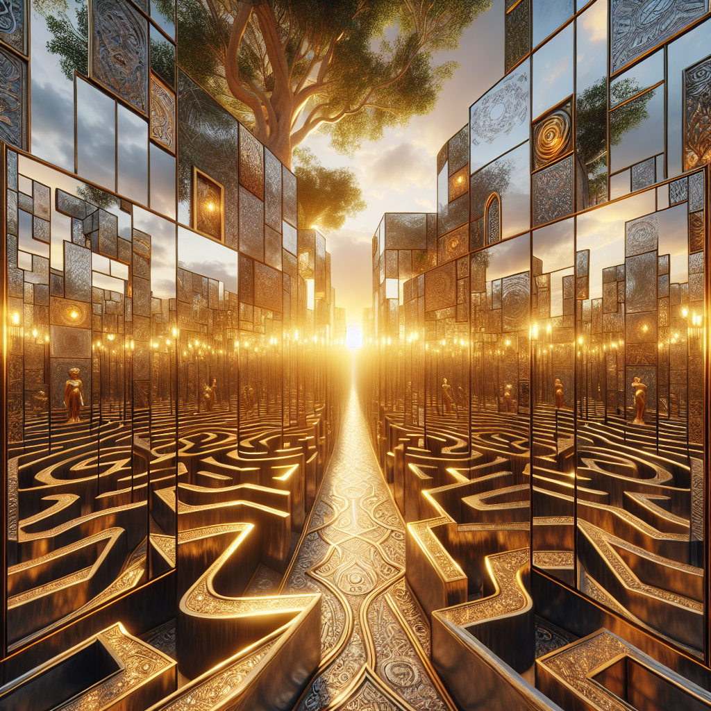 Hyperrealistic golden labyrinth park at sunset with mirrored walls, glowing reflections of trees, sky, and visitors in surreal atmosphere.