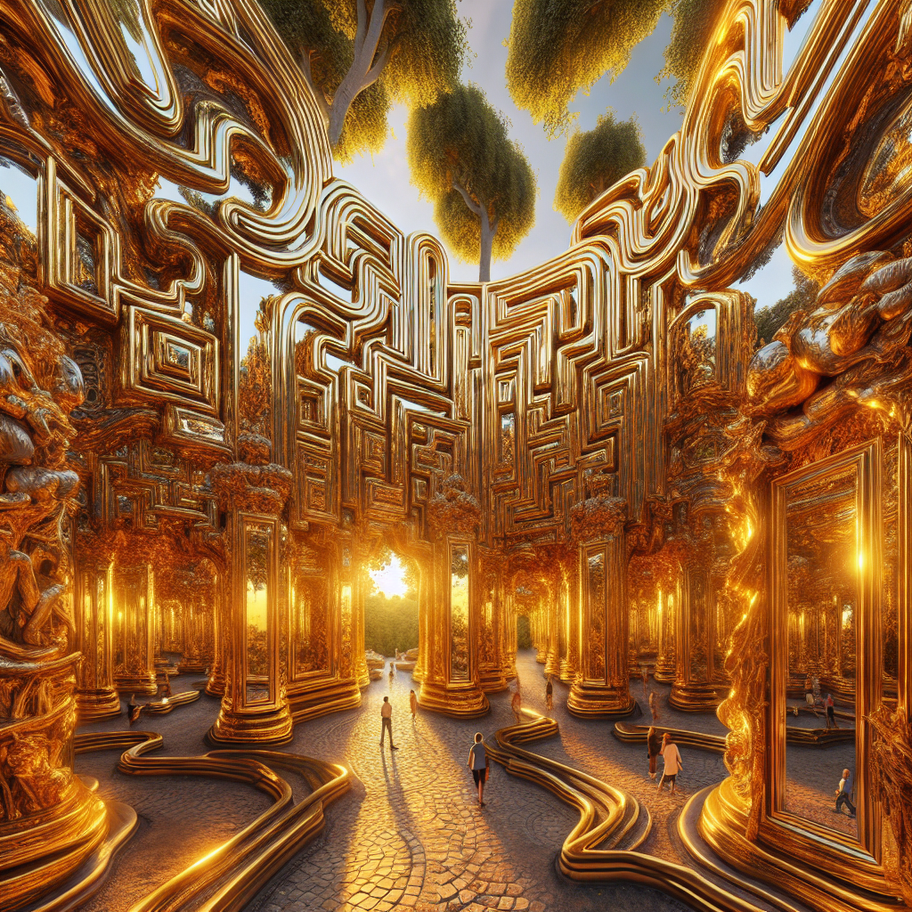 Hyperrealistic golden labyrinth park at sunset with mirrored walls, glowing reflections of trees, sky, and visitors in surreal atmosphere.