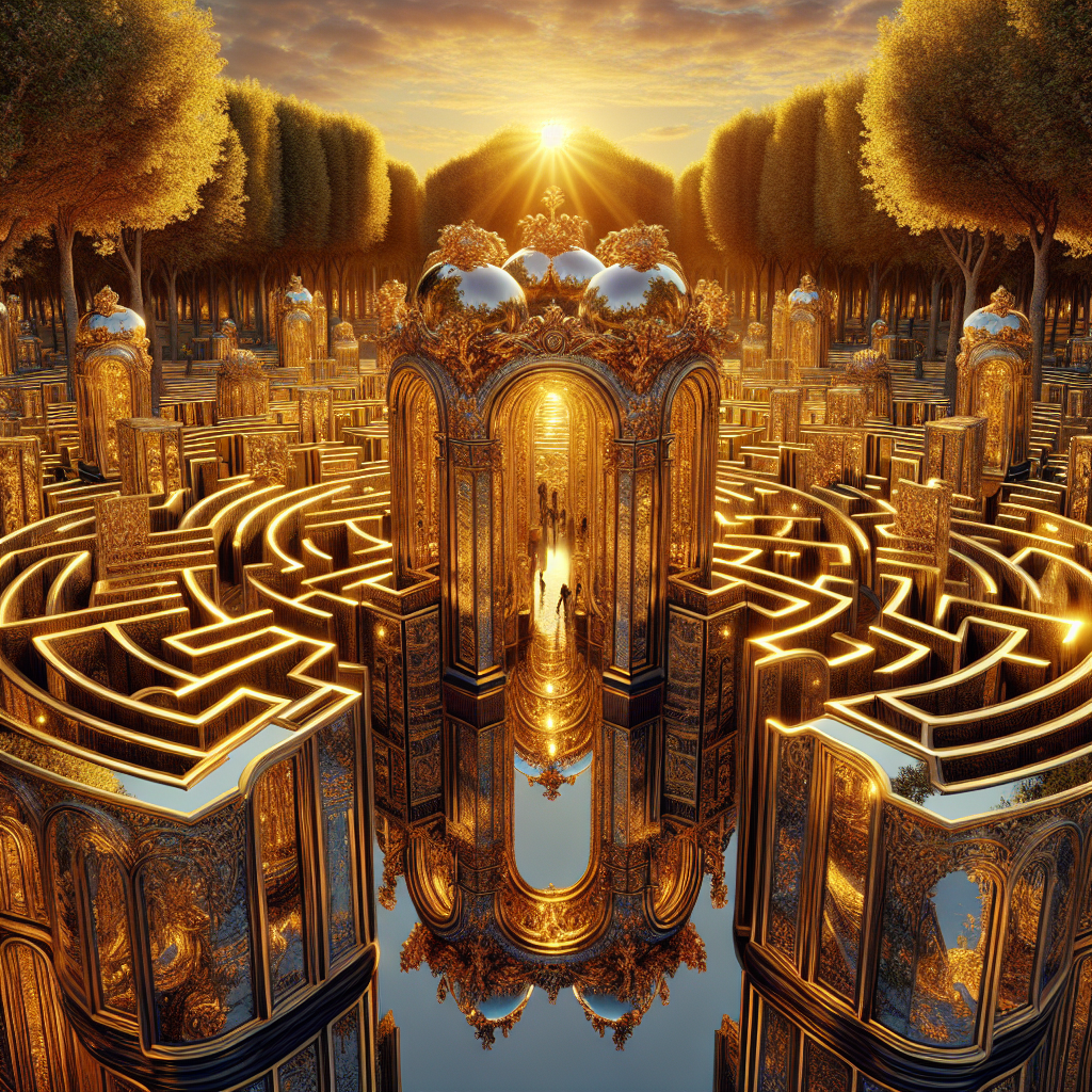 Hyperrealistic golden labyrinth park at sunset with mirrored walls, glowing reflections of trees, sky, and visitors in surreal atmosphere.