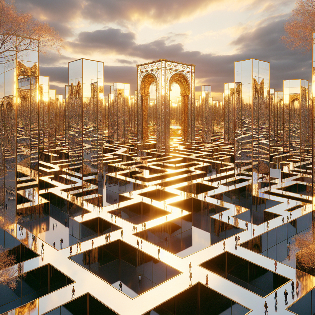 Hyperrealistic golden labyrinth park at sunset with mirrored walls, glowing reflections of trees, sky, and visitors in surreal atmosphere.