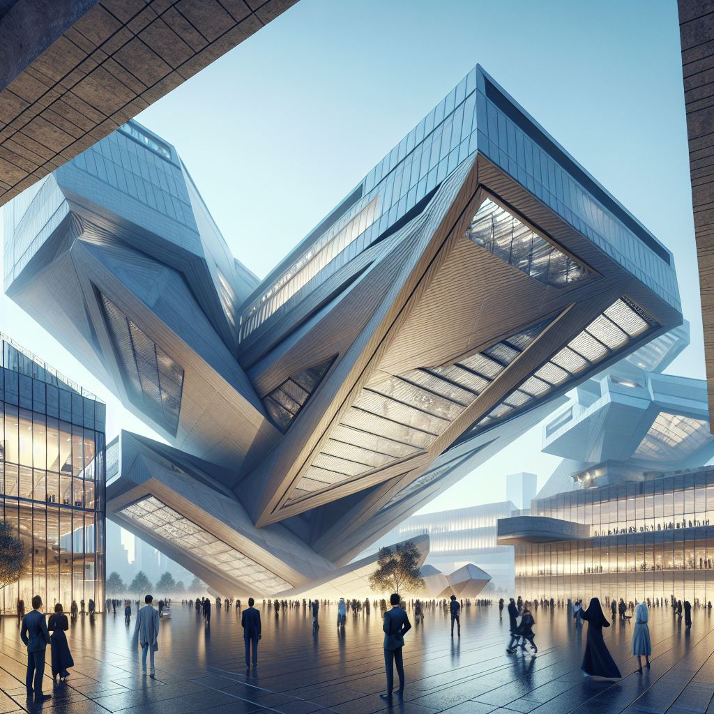 Hyperrealistic futuristic cultural building with massive angled steel and concrete beams, glowing plaza, and people admiring its design.