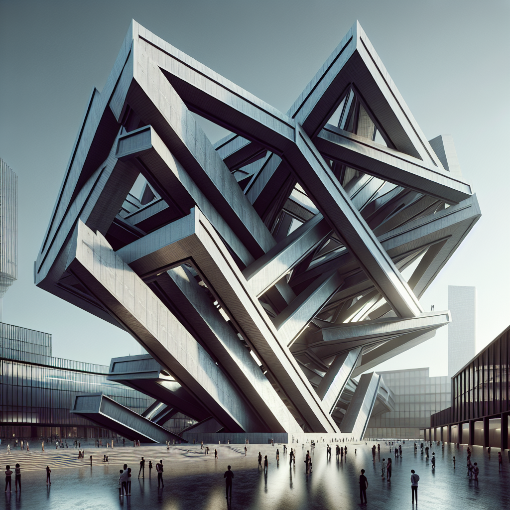 Hyperrealistic futuristic cultural building with massive angled steel and concrete beams, glowing plaza, and people admiring its design.