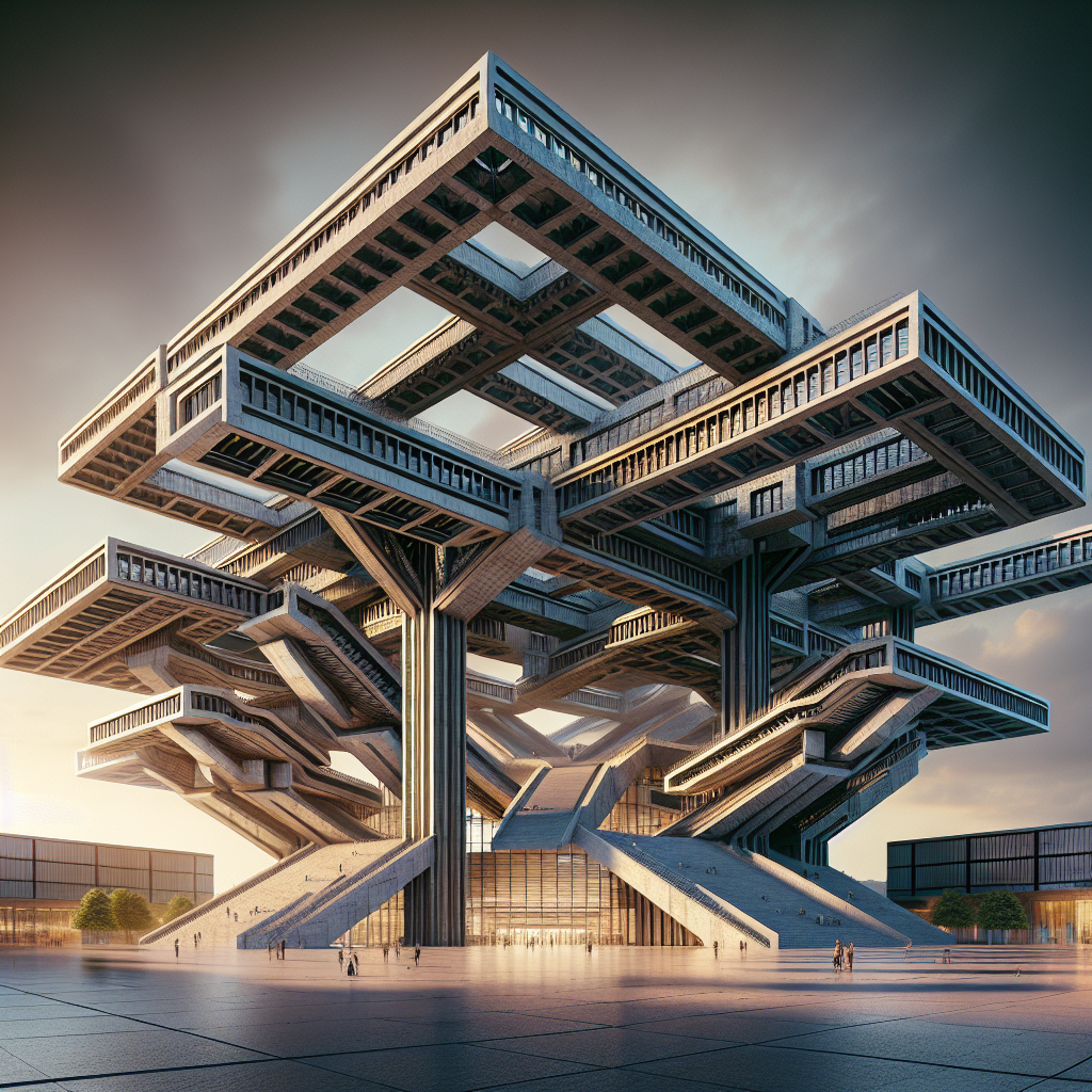 Hyperrealistic futuristic cultural building with massive angled steel and concrete beams, glowing plaza, and people admiring its design.