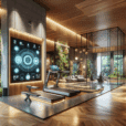 Luxury home gym with smart fitness mirror, oak and stone finishes, LED lighting, and indoor garden in modern biophilic design.