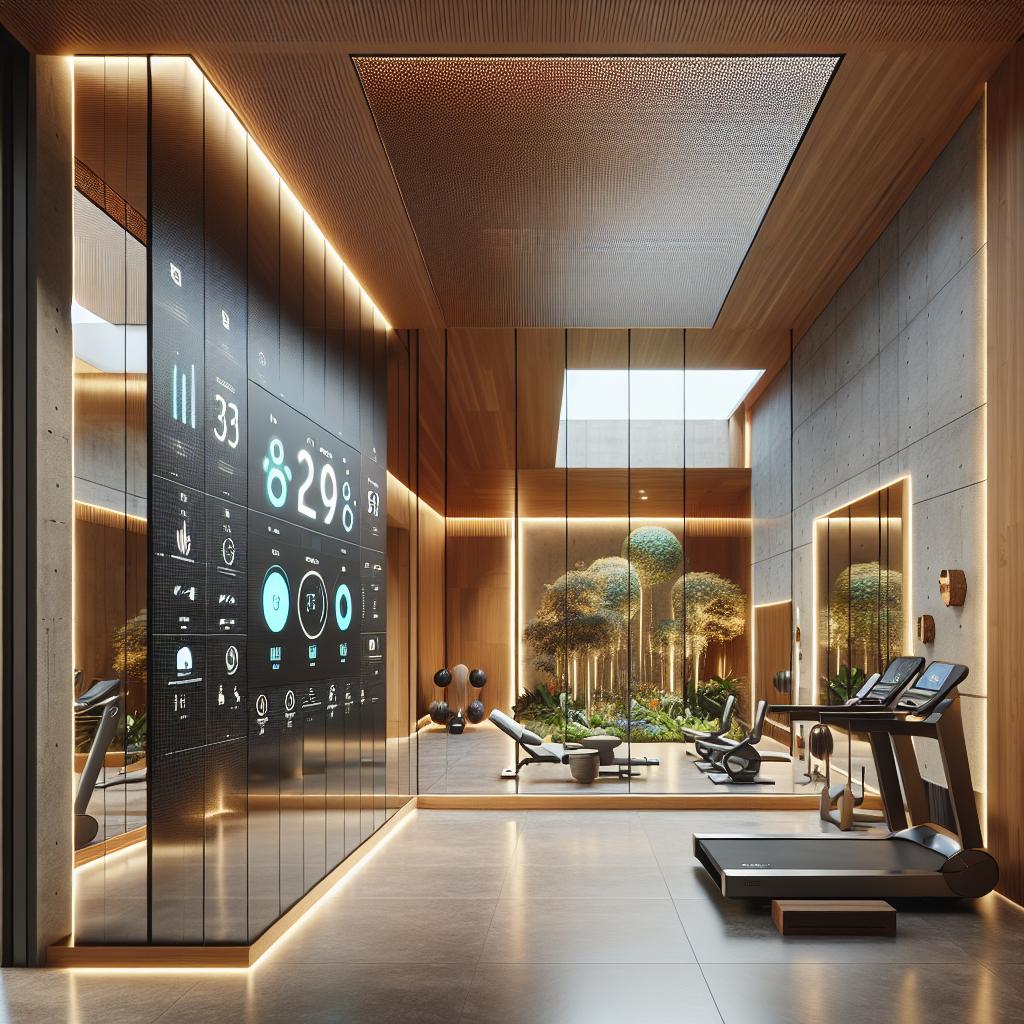 Luxury home gym with smart fitness mirror, oak and stone finishes, LED lighting, and indoor garden in modern biophilic design.