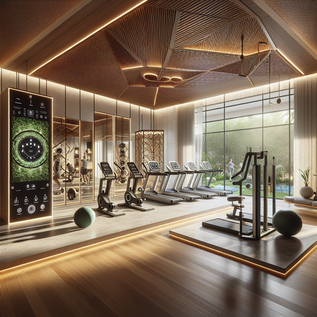 Luxury home gym with smart fitness mirror, oak and stone finishes, LED lighting, and indoor garden in modern biophilic design.