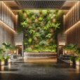Luxurious modern lobby with dramatic indoor plant wall, lush greenery, warm LED lighting, reclaimed wood, stone, and eco-conscious design.
