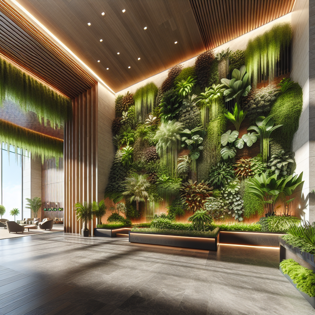 Luxurious modern lobby with dramatic indoor plant wall, lush greenery, warm LED lighting, reclaimed wood, stone, and eco-conscious design.