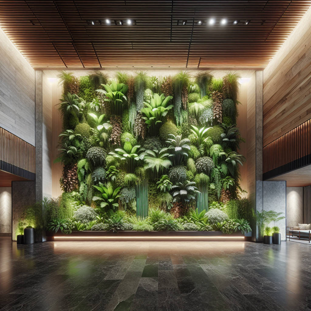 Luxurious modern lobby with dramatic indoor plant wall, lush greenery, warm LED lighting, reclaimed wood, stone, and eco-conscious design.