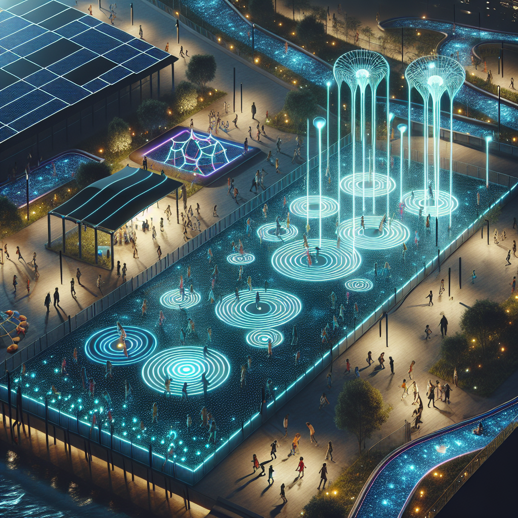 Hyperrealistic night scene of kids playing in a futuristic interactive playground with glowing paths, light-up walls, trampolines, and solar panels.
