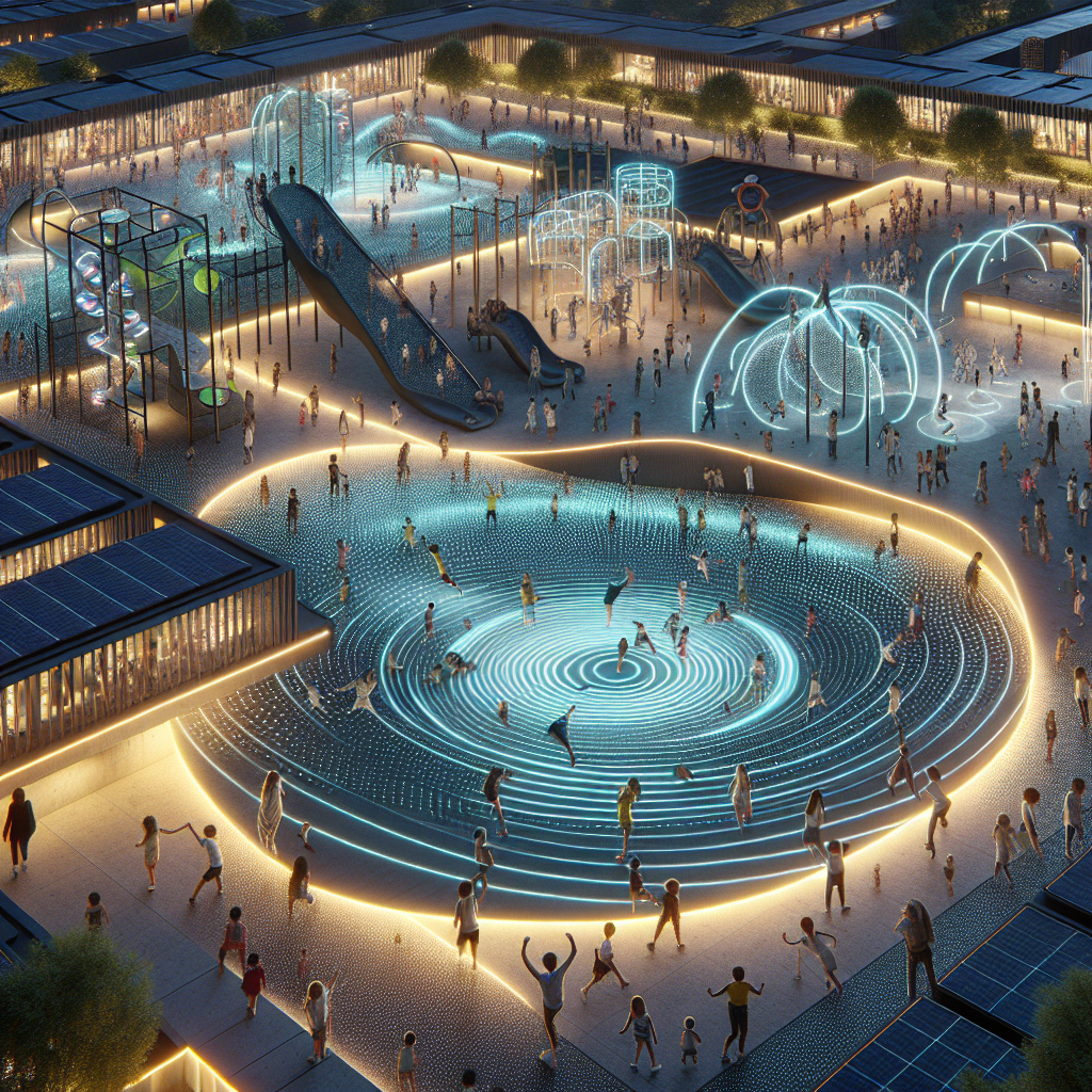 Hyperrealistic night scene of kids playing in a futuristic interactive playground with glowing paths, light-up walls, trampolines, and solar panels.