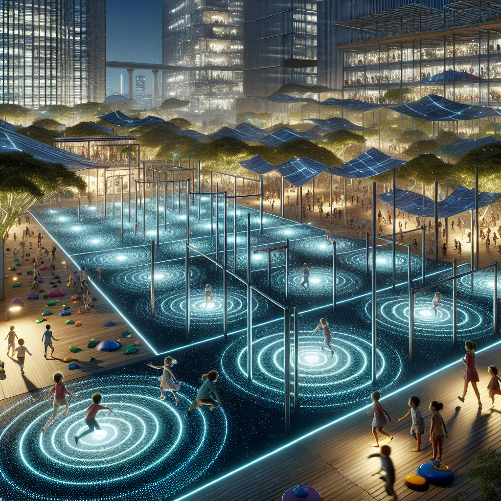 Hyperrealistic night scene of kids playing in a futuristic interactive playground with glowing paths, light-up walls, trampolines, and solar panels.