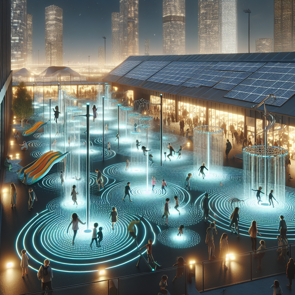 Hyperrealistic night scene of kids playing in a futuristic interactive playground with glowing paths, light-up walls, trampolines, and solar panels.