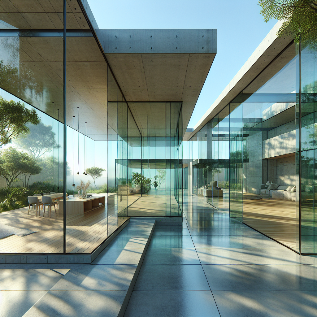Hyperrealistic modern home with frameless glass walls, polished concrete floor, timber deck, and seamless indoor-outdoor connection.