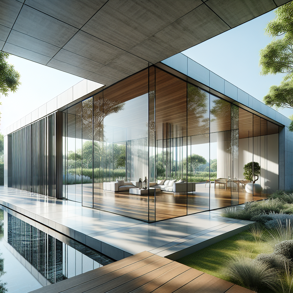 Hyperrealistic modern home with frameless glass walls, polished concrete floor, timber deck, and seamless indoor-outdoor connection.