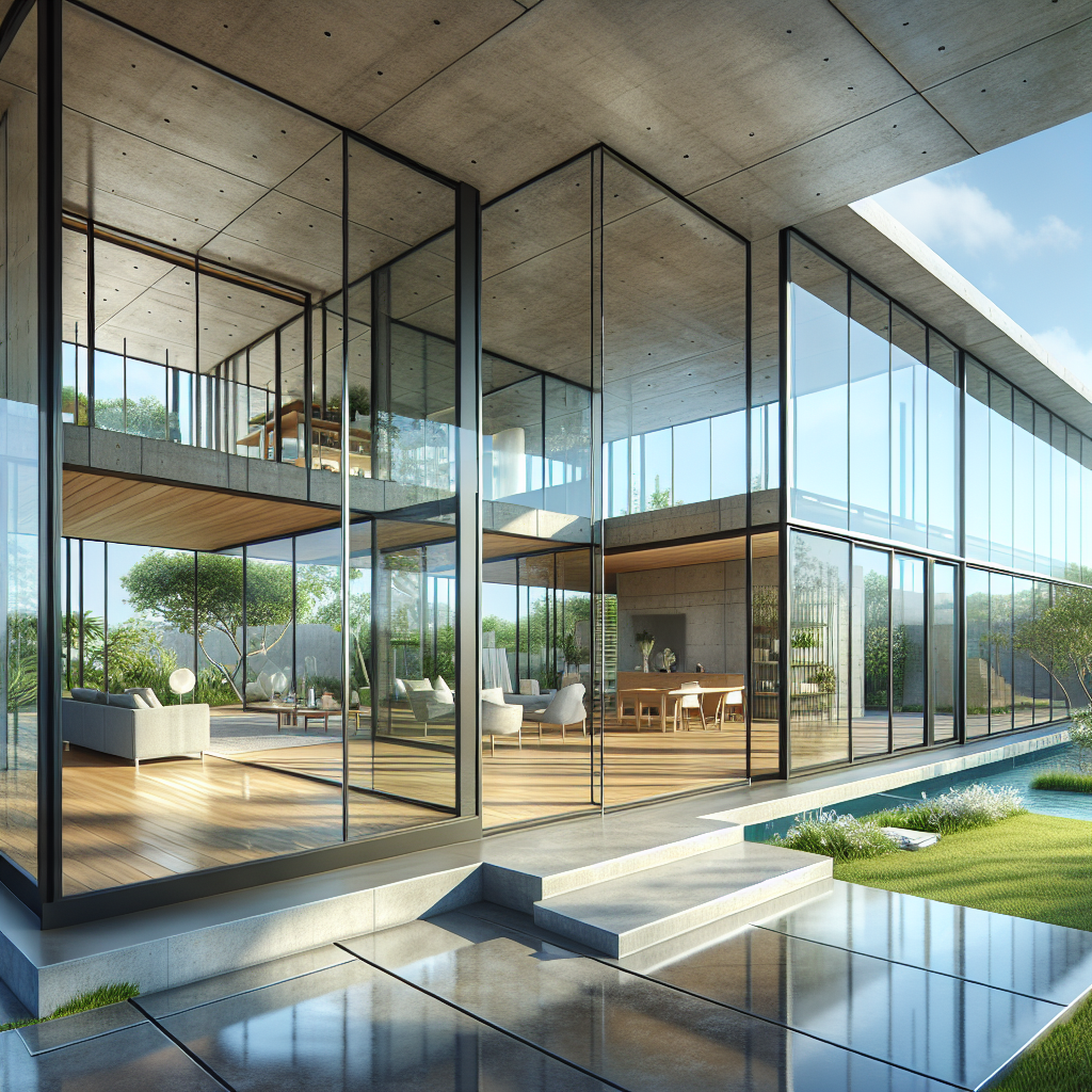 Hyperrealistic modern home with frameless glass walls, polished concrete floor, timber deck, and seamless indoor-outdoor connection.