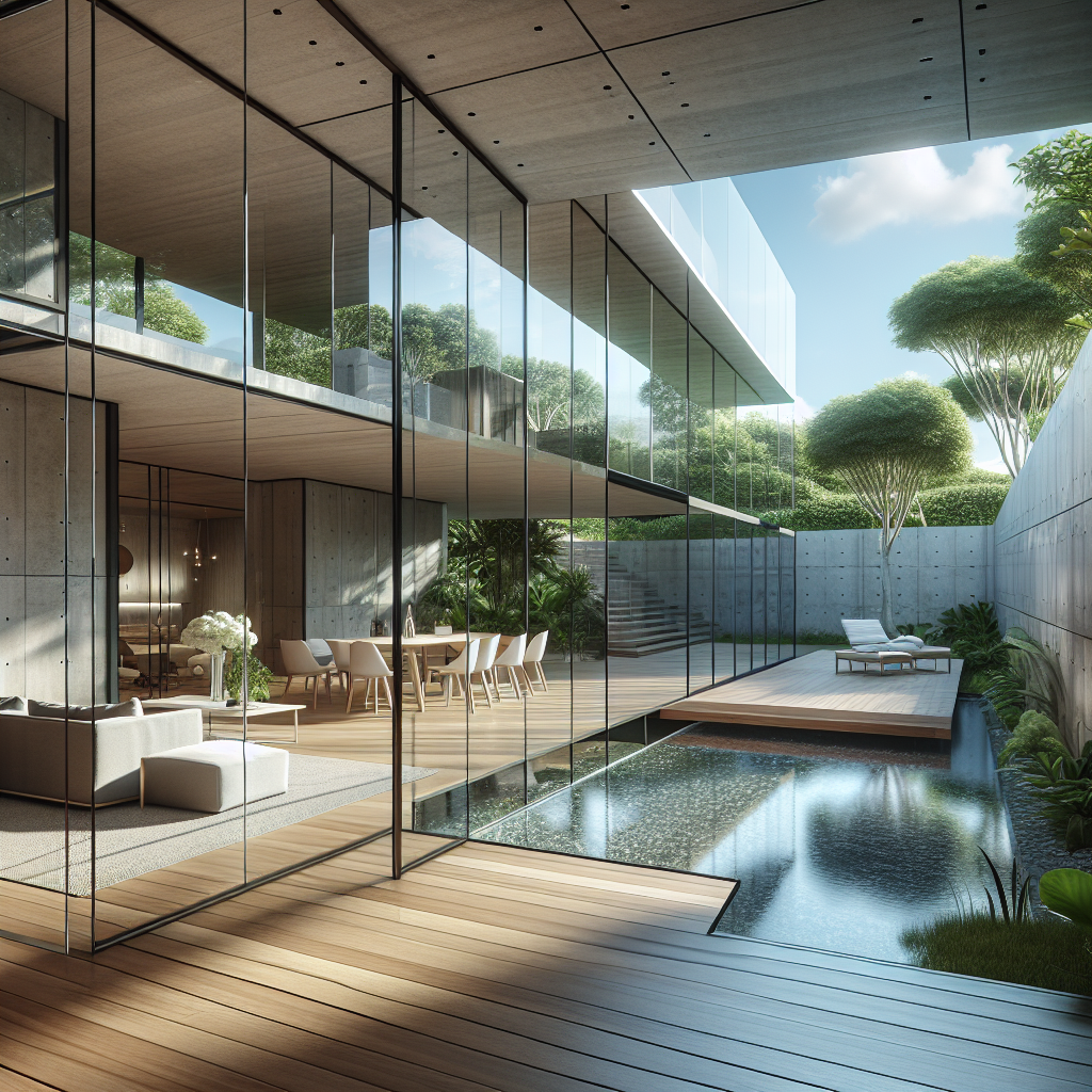 Hyperrealistic modern home with frameless glass walls, polished concrete floor, timber deck, and seamless indoor-outdoor connection.