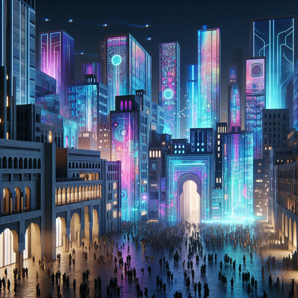 Futuristic nighttime cityscape with glowing LED graffiti, drones, and crowds capturing vibrant neon light art on historic and modern buildings.