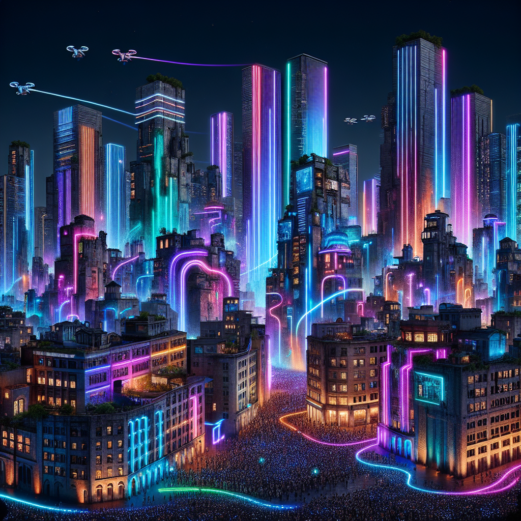 Futuristic nighttime cityscape with glowing LED graffiti, drones, and crowds capturing vibrant neon light art on historic and modern buildings.