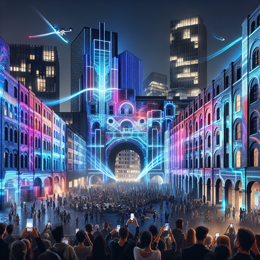 Futuristic nighttime cityscape with glowing LED graffiti, drones, and crowds capturing vibrant neon light art on historic and modern buildings.