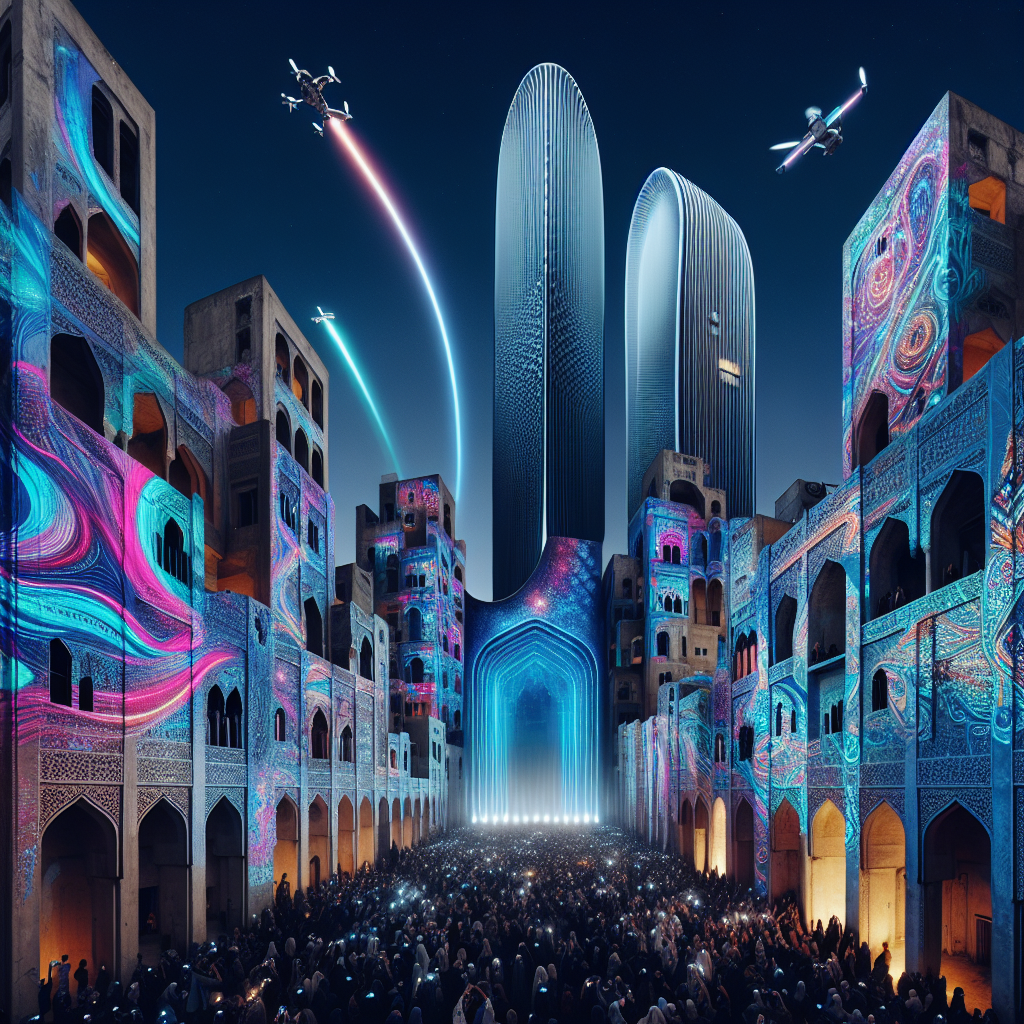 Futuristic nighttime cityscape with glowing LED graffiti, drones, and crowds capturing vibrant neon light art on historic and modern buildings.