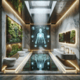 Luxury 2025 smart bathroom with biophilic design, AI smart mirror, hydroponic garden, terrazzo, marble, brass fixtures, and spa ambiance.