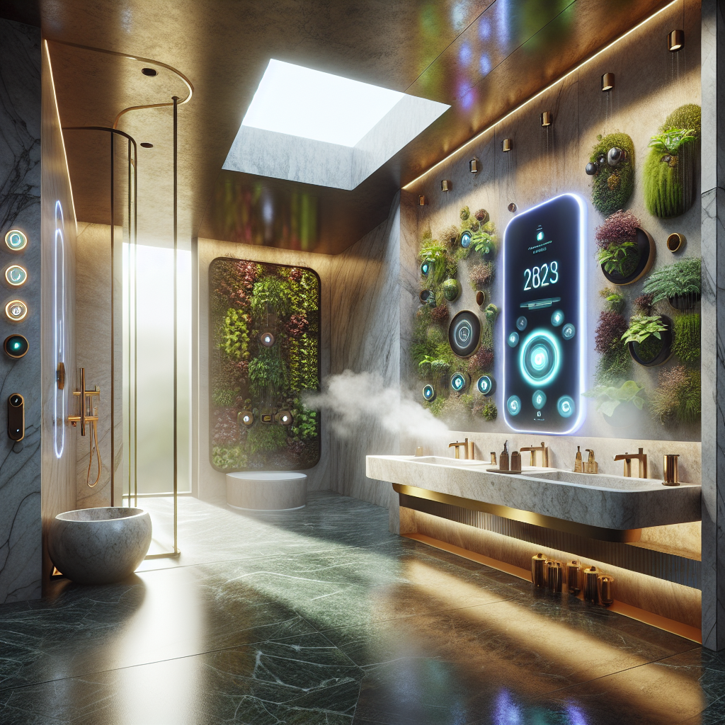 Luxury 2025 smart bathroom with biophilic design, AI smart mirror, hydroponic garden, terrazzo, marble, brass fixtures, and spa ambiance.