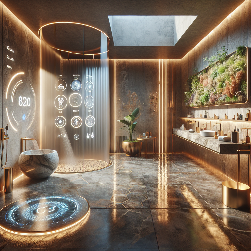 Luxury 2025 smart bathroom with biophilic design, AI smart mirror, hydroponic garden, terrazzo, marble, brass fixtures, and spa ambiance.