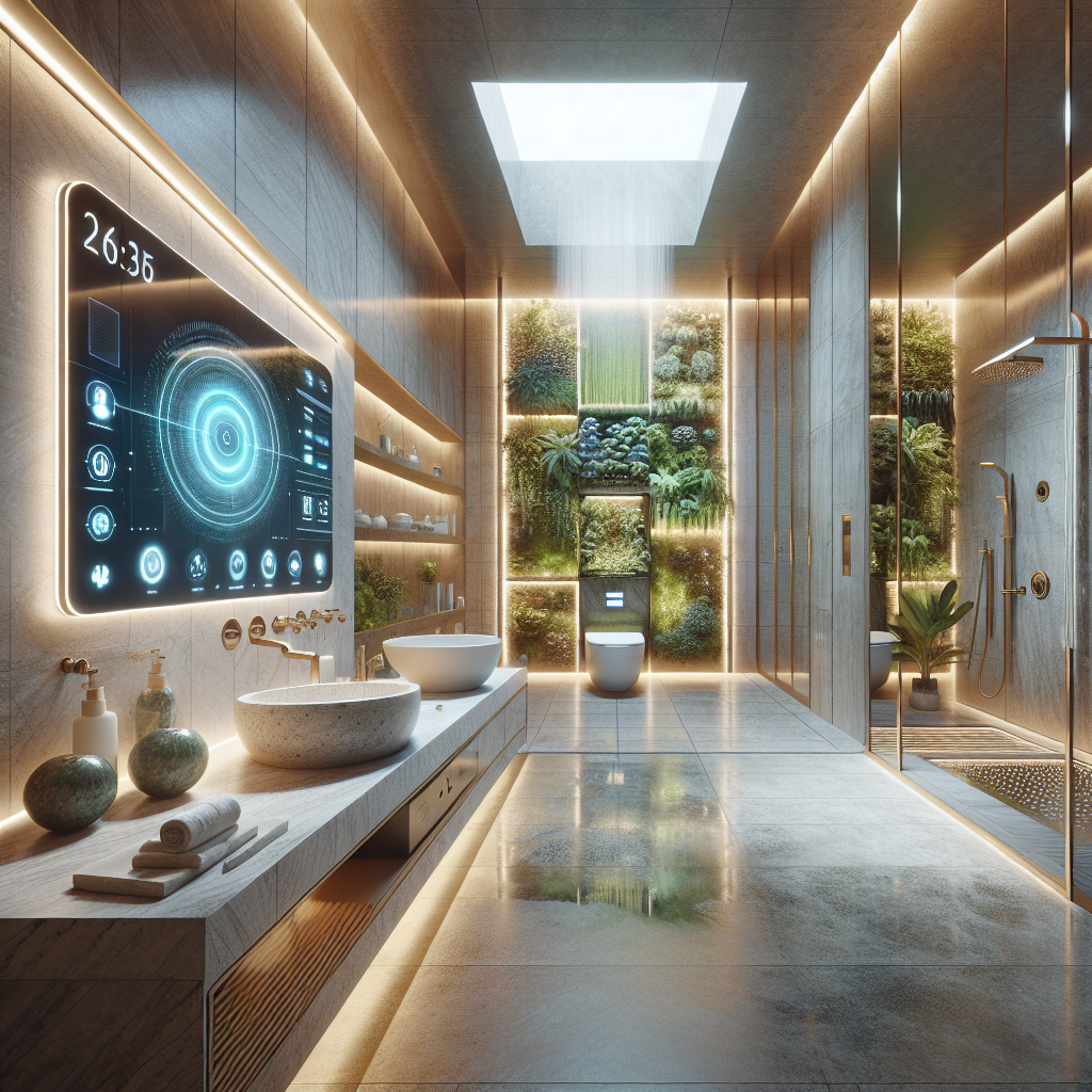 Luxury 2025 smart bathroom with biophilic design, AI smart mirror, hydroponic garden, terrazzo, marble, brass fixtures, and spa ambiance.