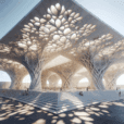 Hyperrealistic marble pavilion inspired by magnolia petals, CNC-milled lattice design in open-air plaza with floral light patterns.
