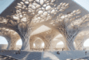 Hyperrealistic marble pavilion inspired by magnolia petals, CNC-milled lattice design in open-air plaza with floral light patterns.