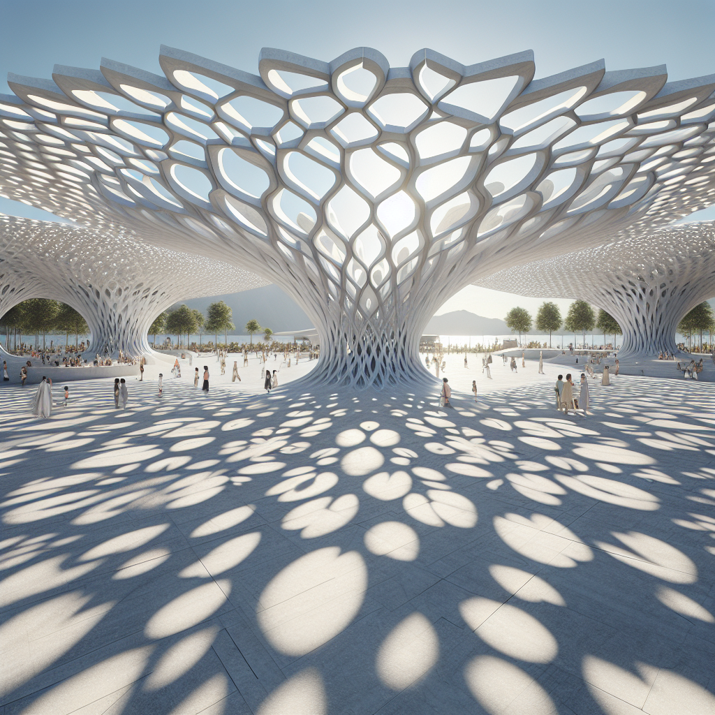 Hyperrealistic marble pavilion inspired by magnolia petals, CNC-milled lattice design in open-air plaza with floral light patterns.